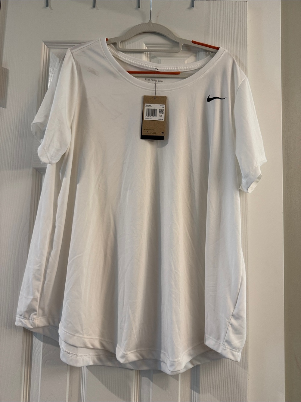 Nike Dri-fit White Short-Sleeve Performance Tee with Black Swoosh, size 1X